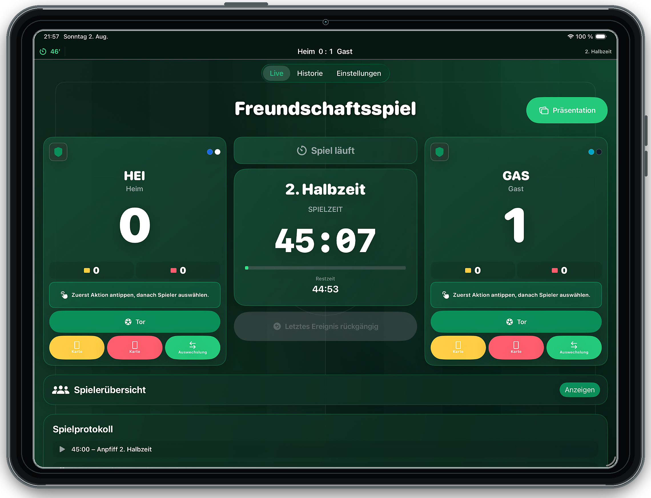 Vue en direct de MatchControl: Soccer Live version 1.1 sur un iPad en mode paysage